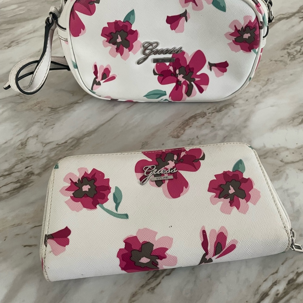 Guess White and Pink Floral Crossbody Bag